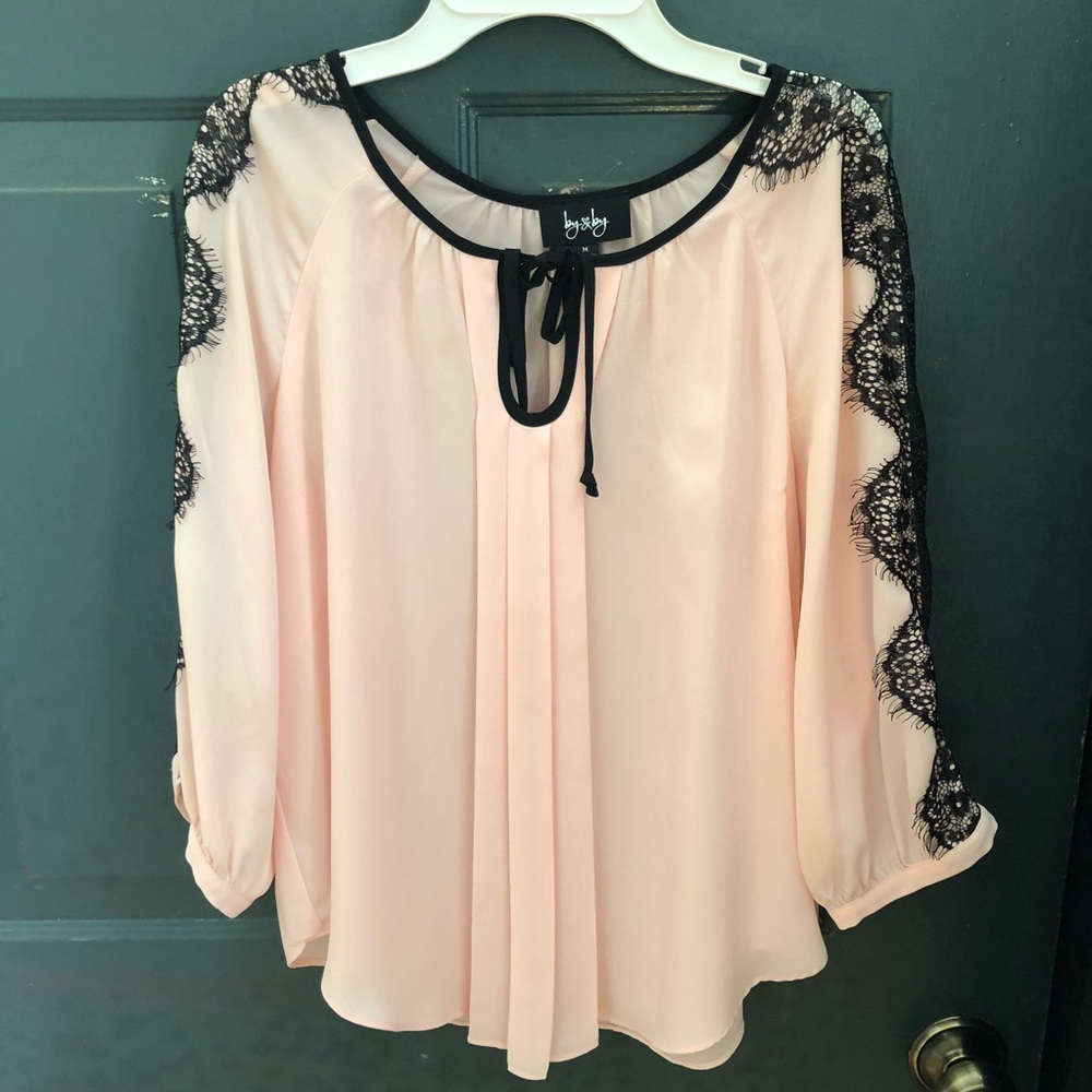 Long sleeve blush and black lace blouse